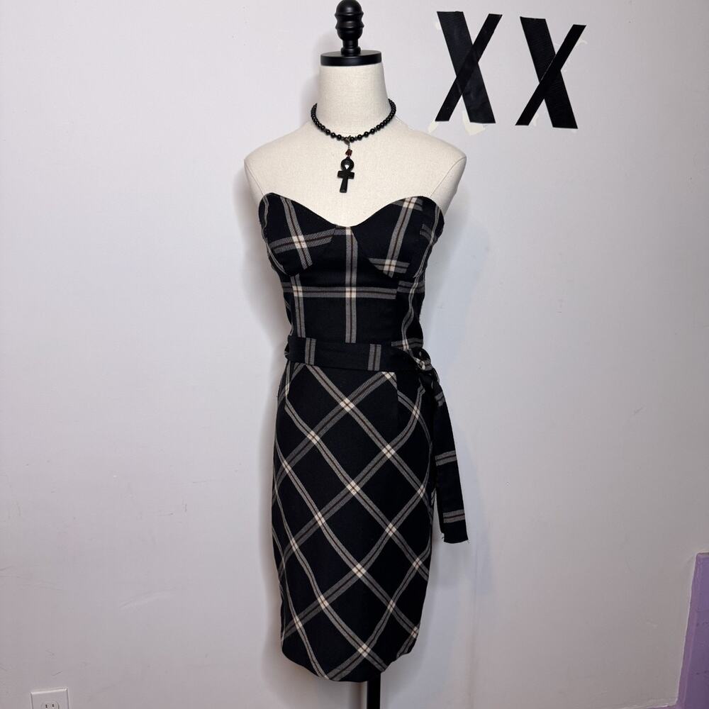 Vintage Y2K Plaid Strapless Wiggle Dress Belted Rockabilly Pinup Goth Punk 90s S
